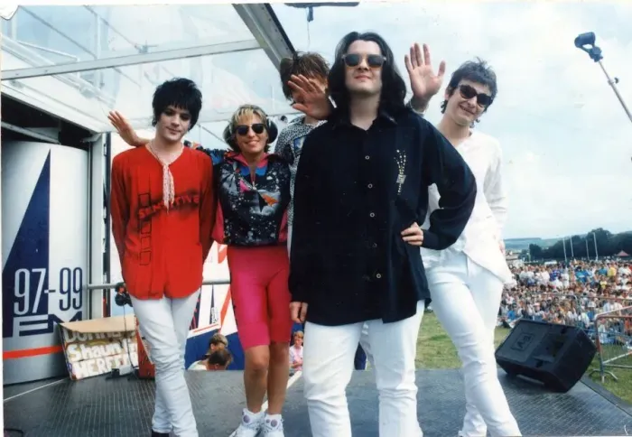 Framed Print : The Manic Street Preachers pictured at the Radio One roadshow with DJ Jakki Brambles - L