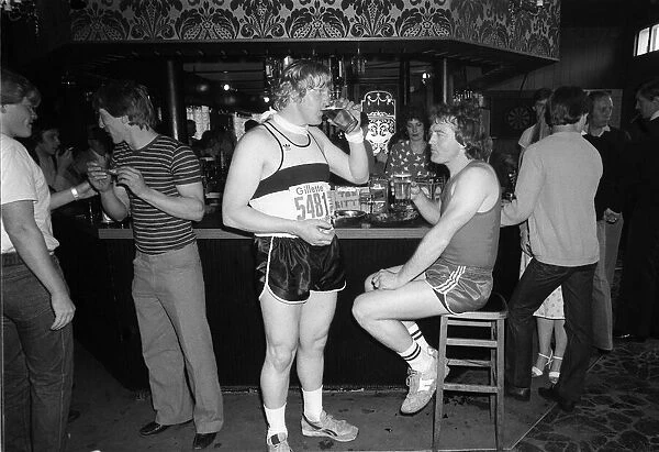 Marathon runners at the London Marathon May 1982 having a break in a pub