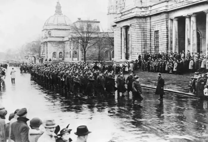 Framed Print : March past of the Cardiff sector Home Guard at their final parade. Circa 1940 Framed Print : March past of the Cardiff sector Home Guard at their final parade. Circa 1940