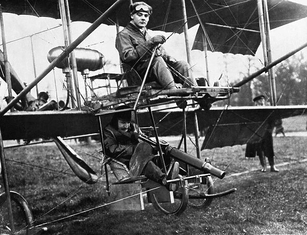 Marcus Manton in a Grahame-White Biplane used for Lewis Gun tests in 1913