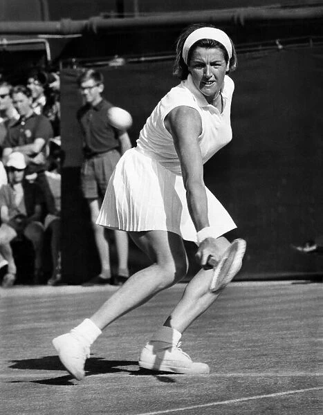 Margaret Court in play against Judy Heldman on the centre court at Wimbledon