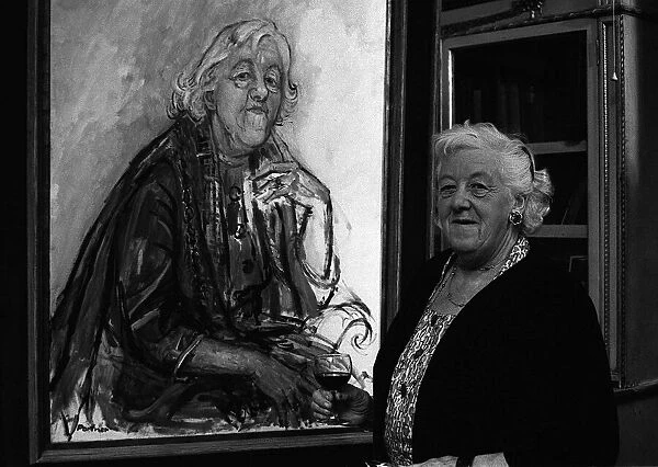 Margaret Rutherford actress Oct 1963 toasting a new portrait of herself by the artist