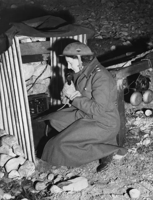 Framed Print : Margaret Thain Davis phoning from a dugout site. 13th March 1944 Framed Print : Margaret Thain Davis phoning from a dugout site. 13th March 1944