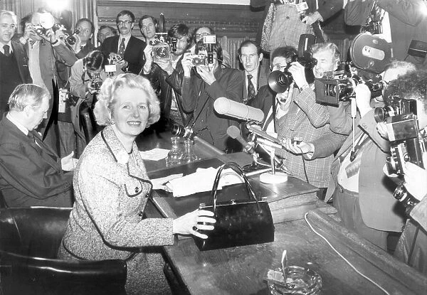 MARGARET THATCHER ADDRESSES THE PRESS WITH HER FAMOUS HANDBAG AFTER BEING ELECTED