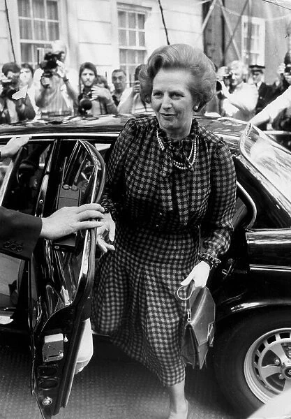 Margaret Thatcher arriving at Tory HQ in Smith Square getting out of car - June 1983