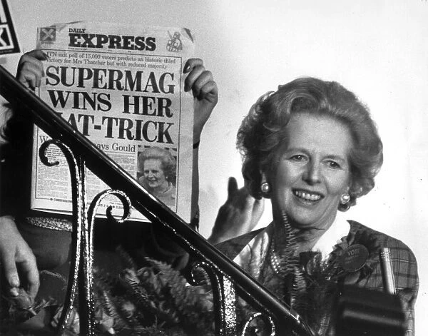 MARGARET THATCHER CELEBRATES HER THIRD GENERAL ELECTION WIN AT CONSERVATIVE CENTRAL