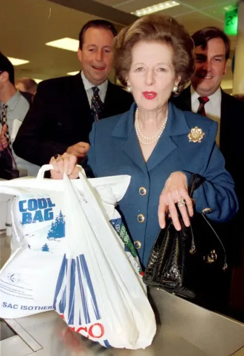 Framed Print : Margaret Thatcher former Conservative Prime Minister holding a Tesco plastic carrier bag Framed Print : Margaret Thatcher former Conservative Prime Minister holding a Tesco plastic carrier bag