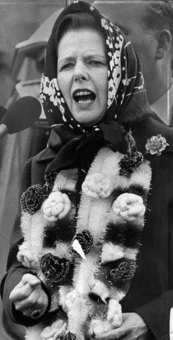 Framed Print : Margaret Thatcher covered in garlands giving speech during visit to the Midlands - June
