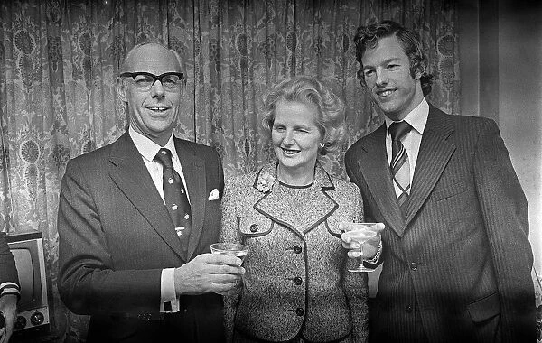 Margaret Thatcher with Denis Thatcher and son Mark Thatcher - February 1975