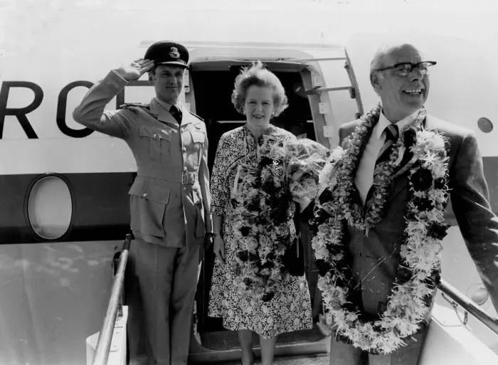 Framed Print : Margaret Thatcher and husband Denis leaving for foreign tour - February 1982 Framed Print : Margaret Thatcher and husband Denis leaving for foreign tour - February 1982