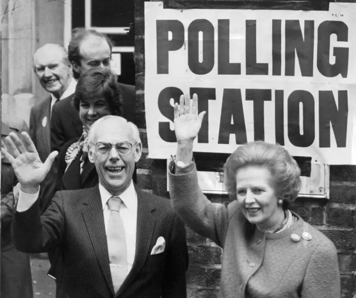 Framed Print : Margaret Thatcher husband Denis outside polling station - June 1987 Framed Print : Margaret Thatcher husband Denis outside polling station - June 1987