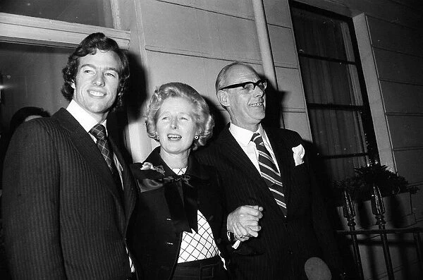 Margaret Thatcher with her husband Denis and son Mark after winning the Conservative