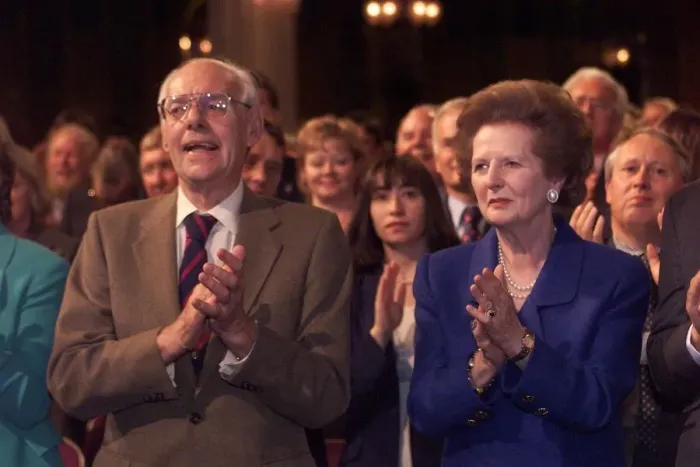 Framed Print : Margaret Thatcher and husband Denis Thatcher applauding a speech by Lord Archer