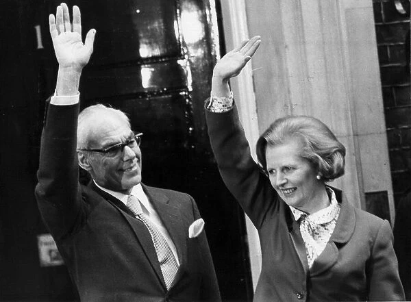 Margaret Thatcher and husband Denis waving outside 10 Downing Street 07  /  05  /  1979