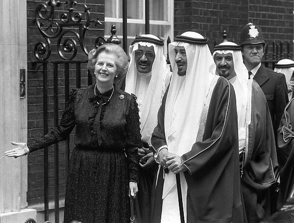 Margaret Thatcher June 1981 stands outside 10 Downing Street with f King Khaled of saudi