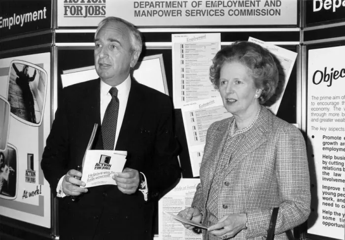 Framed Print : Margaret Thatcher and Lord Young at promotion event - March 1987 Framed Print : Margaret Thatcher and Lord Young at promotion event - March 1987