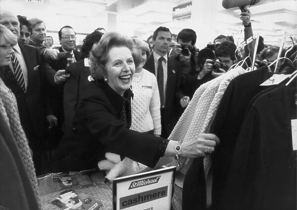 MARGARET THATCHER IN MARKS ANS SPENCERS STORE IN OXFORD STREET SAMPLING THE QUALITY OF