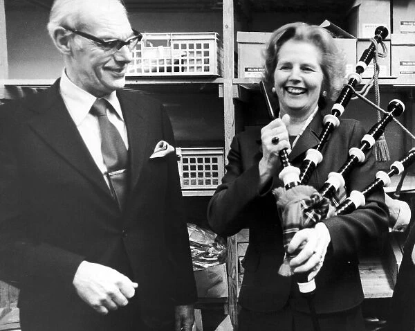 Margaret Thatcher MP pictured with bagpipes in Glasgow, Scotland, January 1978