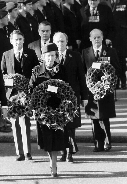 Margaret Thatcher with other party leaders laying wreath at the Cenotaph during