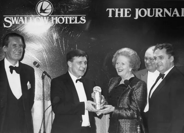Framed Print : Margaret Thatcher presents the award to Mr Bernard Robinson, with Paul Nicholson, left Framed Print : Margaret Thatcher presents the award to Mr Bernard Robinson, with Paul Nicholson, left