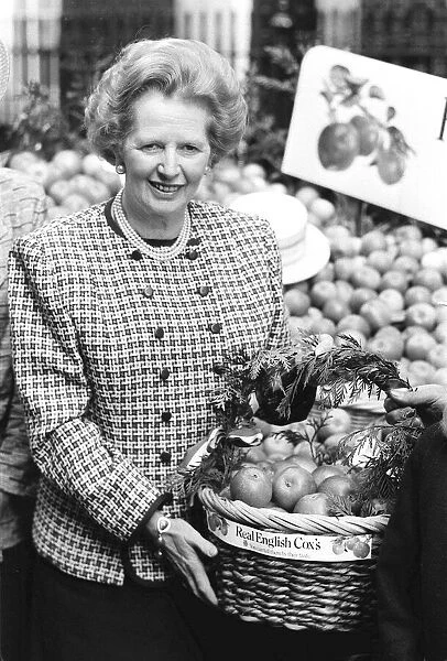 margaret thatcher, prime minister, in downing st promoting british apples