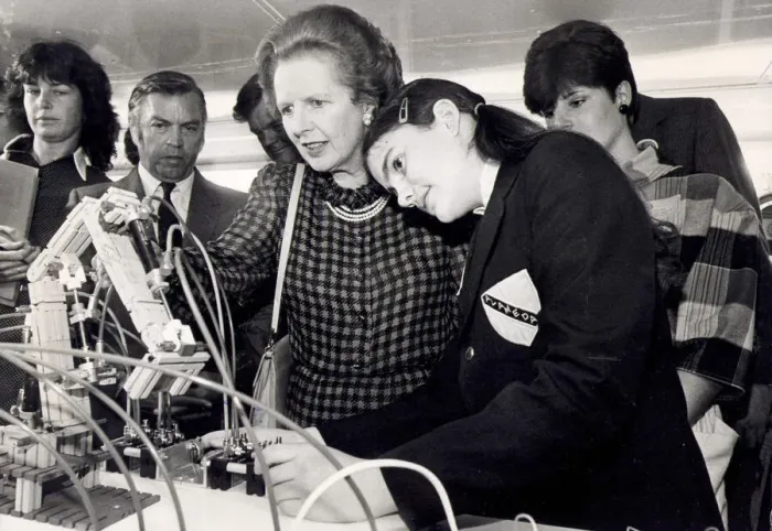 Framed Print : Margaret Thatcher at a promotional event to encourage young women to study science - July Framed Print : Margaret Thatcher at a promotional event to encourage young women to study science - July