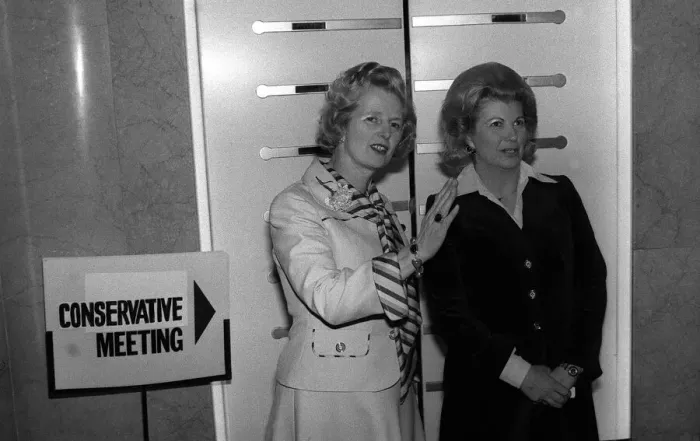 Framed Print : Margaret Thatcher with Shadow Consume Sally Oppenheim at Europa Hotel after being Framed Print : Margaret Thatcher with Shadow Consume Sally Oppenheim at Europa Hotel after being