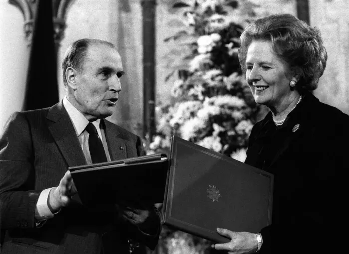 Framed Print : Margaret Thatcher signs Chunnel Aggrement Feb 1986 with Francois Mitterrand Framed Print : Margaret Thatcher signs Chunnel Aggrement Feb 1986 with Francois Mitterrand