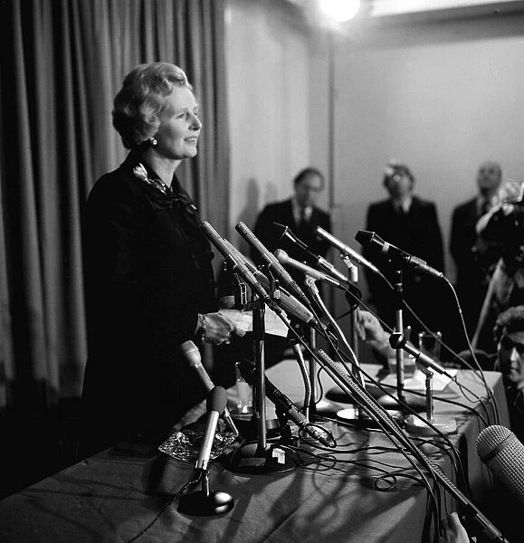 Margaret Thatcher speaking to reporters and media after winning the Conservative
