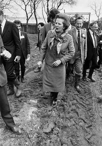 Margaret Thatcher during visit to farm wearing wellies - May 1983