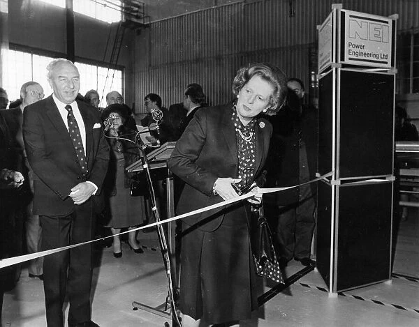 Margaret Thatcher visiting Gateshead NEI Power Engineering complex, cutting the ribbon