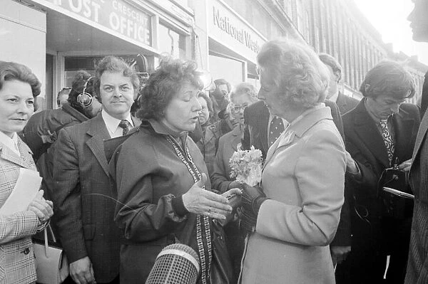Margaret Thatcher visits Coventry and chats to a resident in the Radford area of th city