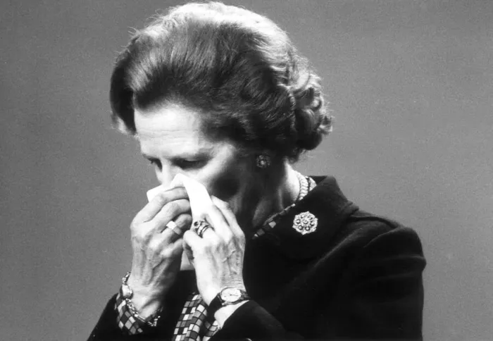 Framed Print : Margaret Thatcher wipes her nose -12th October 1984 Framed Print : Margaret Thatcher wipes her nose -12th October 1984