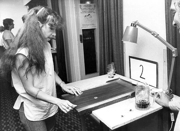 Marian Dash at the Vaux World Shove Ha penny Championships in Durham in August 1983