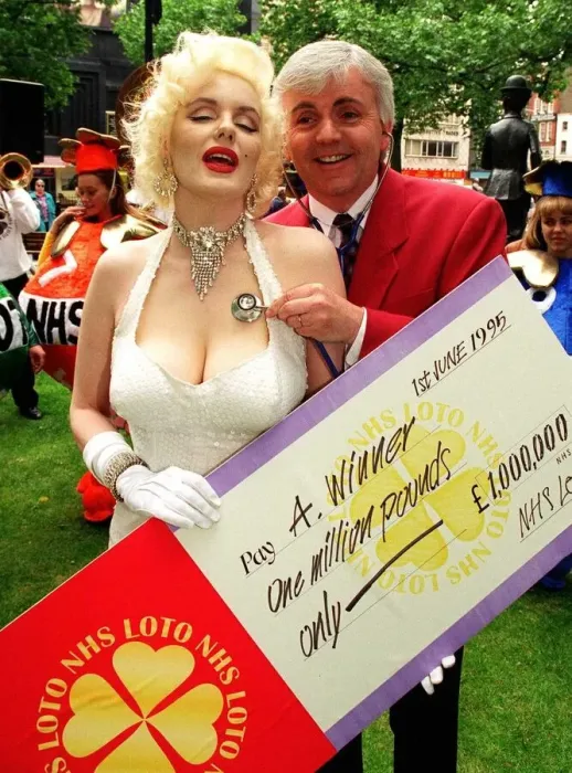 Framed Print : Marilyn Monroe Double Pauline Bailey and TV presenter Peter Marshall launch National Framed Print : Marilyn Monroe Double Pauline Bailey and TV presenter Peter Marshall launch National