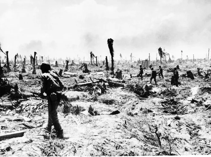 Framed Print : US Marines advance on Barry Island in the Marshall Islands in the wake of fleeing Framed Print : US Marines advance on Barry Island in the Marshall Islands in the wake of fleeing