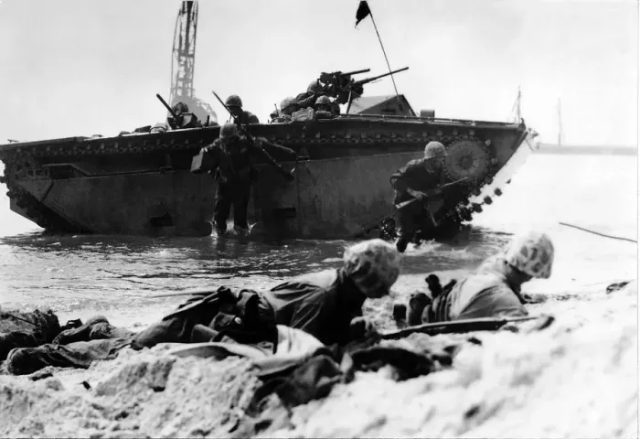 Framed Print : US Marines land from an amphibious assaultcraft during attack on a Japanese fortress Framed Print : US Marines land from an amphibious assaultcraft during attack on a Japanese fortress