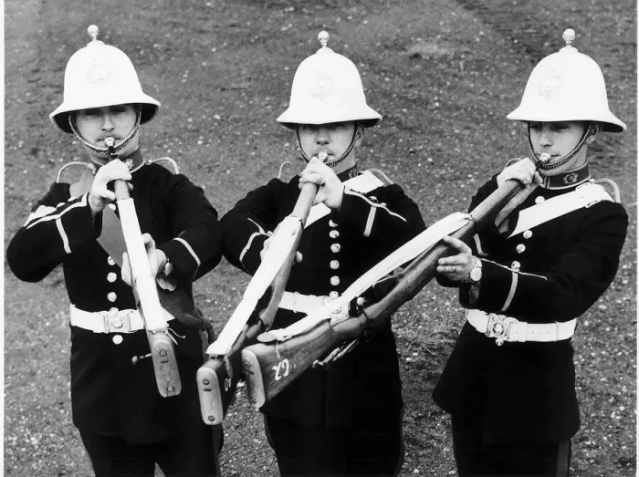 Framed Print : Marines playing music on their rifles fitted with Trumpet mouthpiece Framed Print : Marines playing music on their rifles fitted with Trumpet mouthpiece