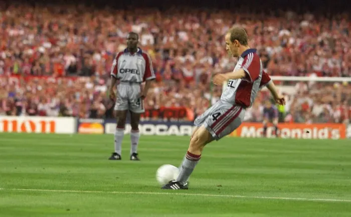 Framed Print : Mario Basler May 1999 scores first goal from a free Kick for Bayern during the 1999
