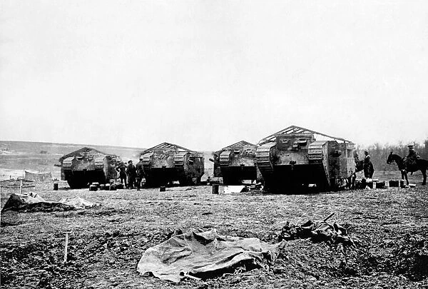 Mark One heavy tanks seen here being prepared for battle on the Somme battlefield