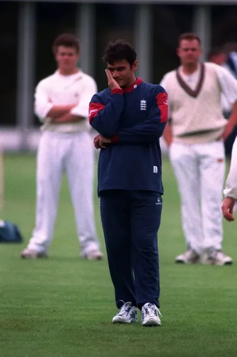 Framed Print : Mark Ramrakash Cricket June 98 England cricketer standing on cricket holding his Framed Print : Mark Ramrakash Cricket June 98 England cricketer standing on cricket holding his