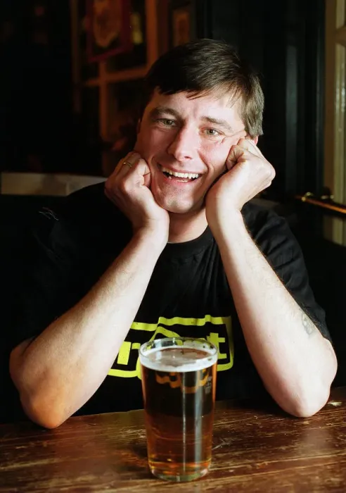Framed Print : Mark Roberts, the Vanessa Show streaker, having a pint at his local pub in March 1999