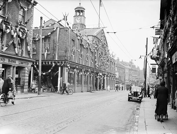 Market in Uxbridge High Street decorated for King George V Silver Jubilee, Uxbridge 1935