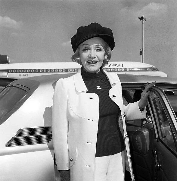 Marlene Dietrich arriving at Heathrow Airport from Paris