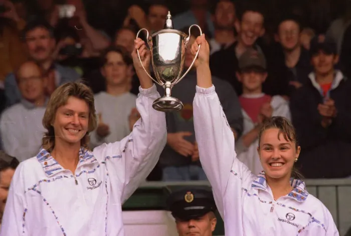 Framed Print : Martina Hingis and Helena Sukova celebrate winning the womens double final at Wimbledon Framed Print : Martina Hingis and Helena Sukova celebrate winning the womens double final at Wimbledon