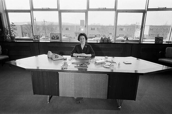 Mary Harris at her desk in the Mary Harris dress factory at the Team Valley Trading