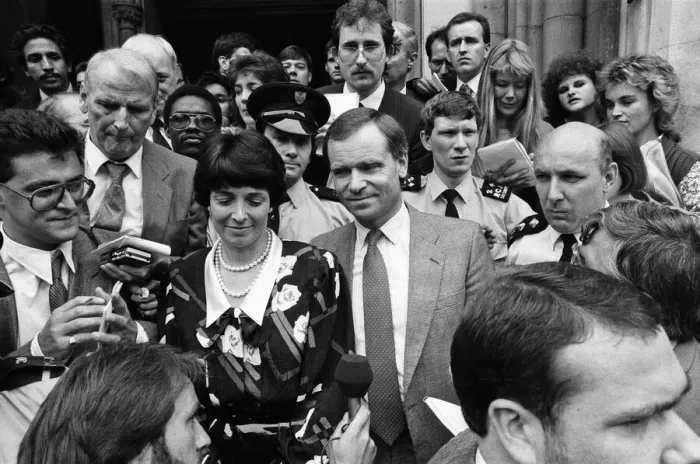 Framed Print : Mary and Jeffrey Archer show their delight in the crowd outside the High Court as they Framed Print : Mary and Jeffrey Archer show their delight in the crowd outside the High Court as they