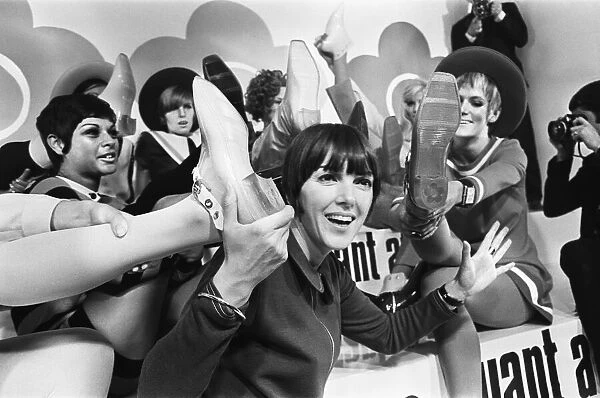 Mary Quant, British fashion designer after her boots and shoes fashion show at
