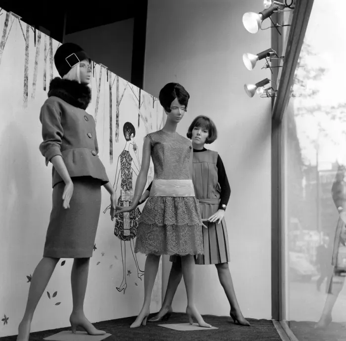Framed Print : Mary Quant, clothes designer, standing inside the window of her fashion shop Bazaar