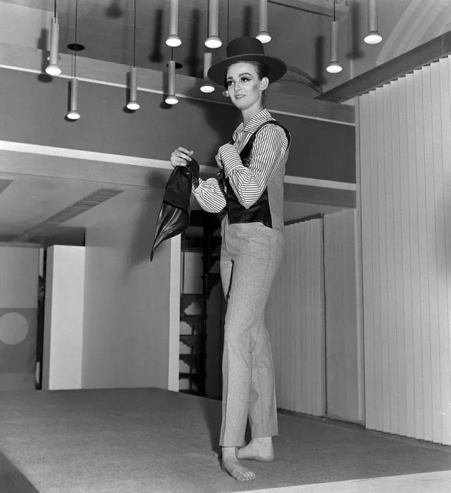 Framed Print : Mary Quant fashion clothing Model wearing trousers and a waistcoat and hat Framed Print : Mary Quant fashion clothing Model wearing trousers and a waistcoat and hat